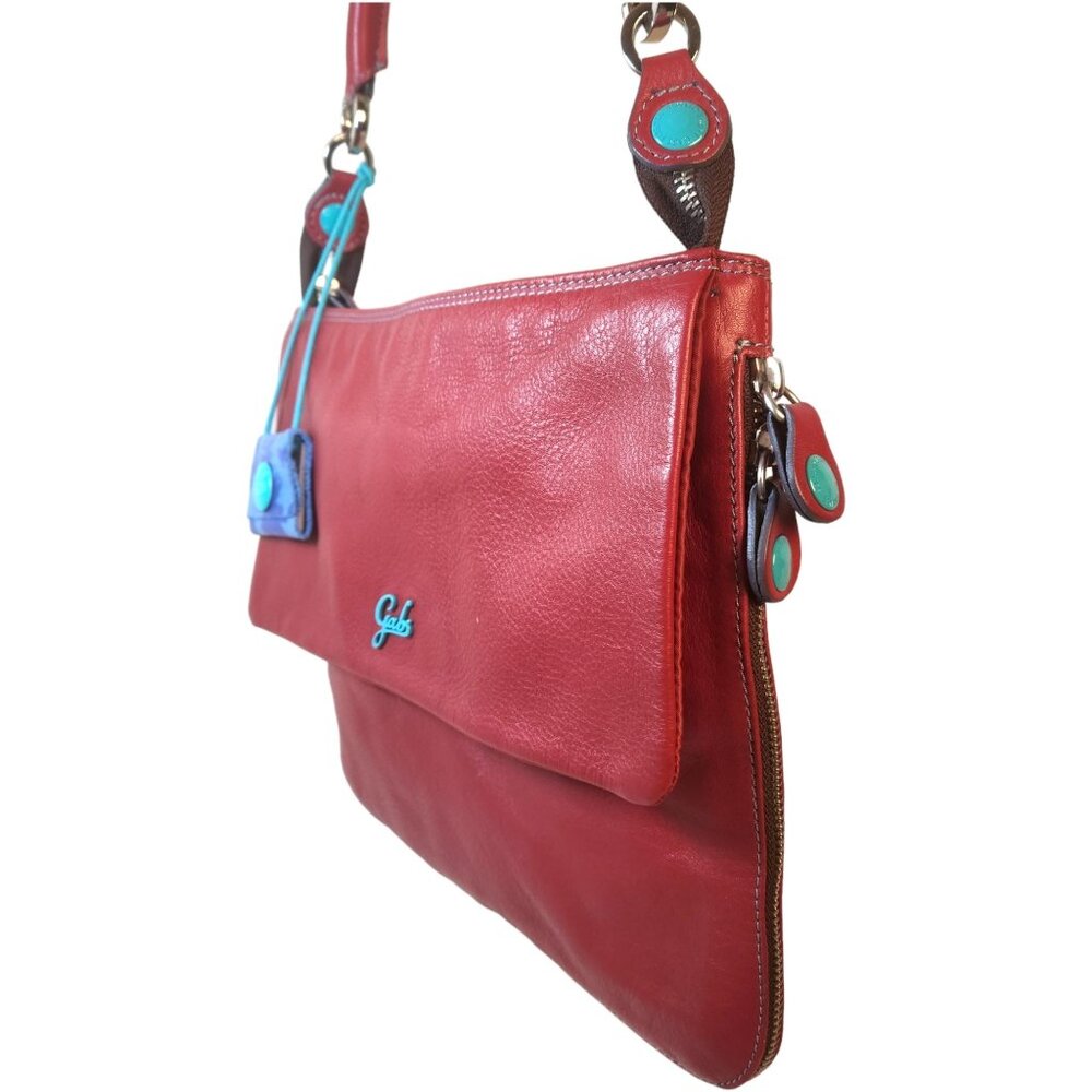 GABS Italian Red Leather Expandable Flat Shoulder Bag Turquoise Buttons - Picture 4 of 14